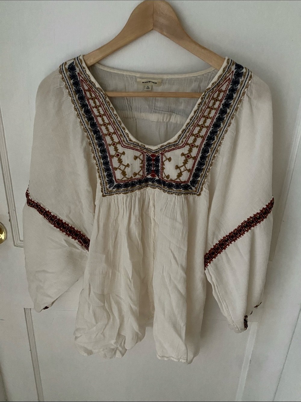 Max Studio Cream Boho Embroidered V-Neck Tunic